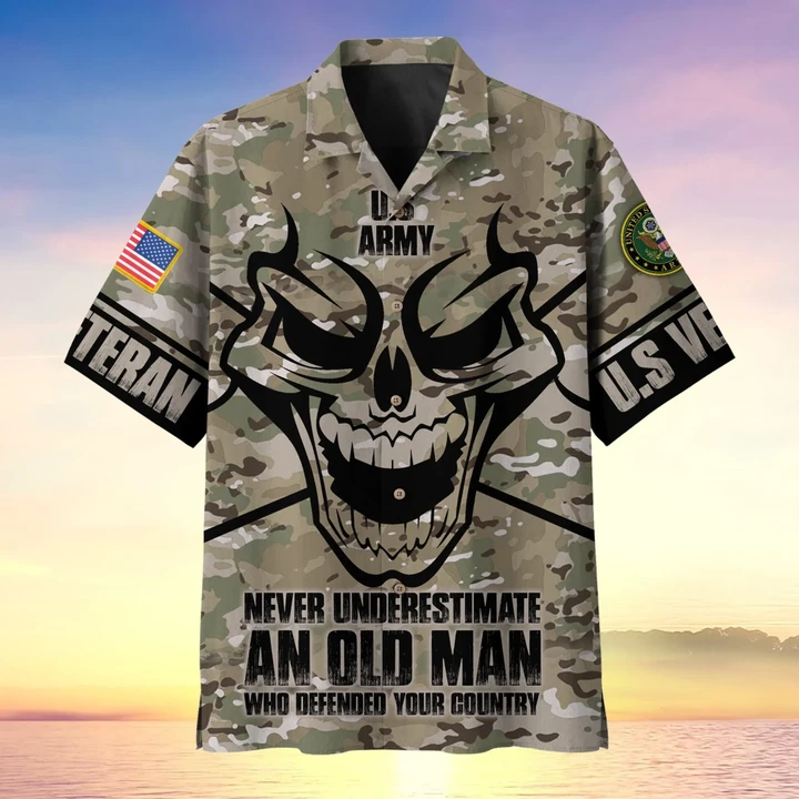 Never Underestimate An Old Man Skull US Army Veteran Multiservice Hawaii Shirt MH14060301