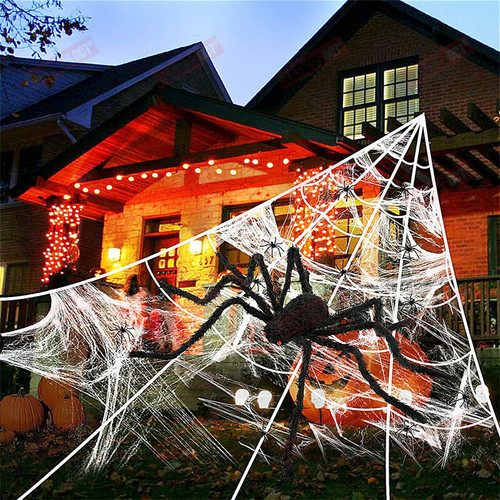 Halloween Giant Spider Huge Stretchy Cobwebs Terror Plush Spider Halloween Decor Props Haunted Home/Party/Lawn/Outdoor Decor