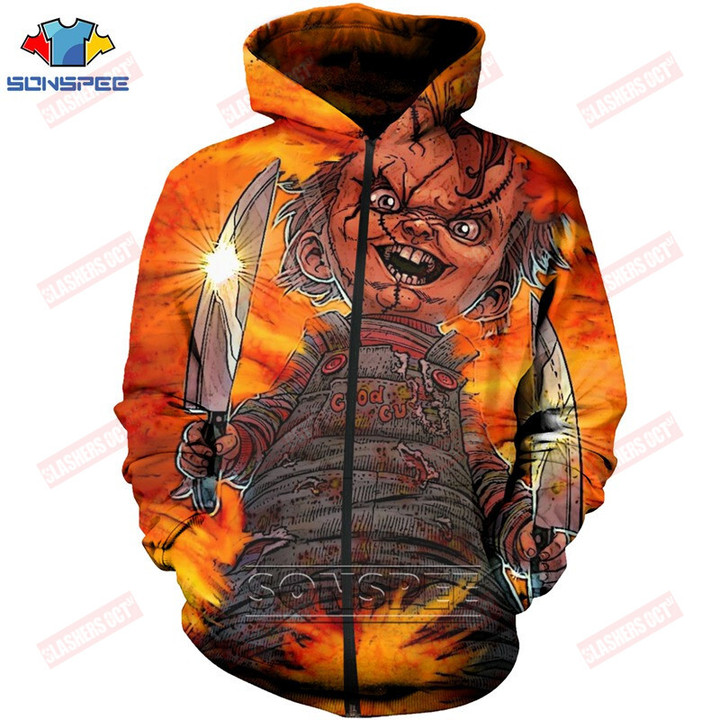 SONSPEE 3D Print Clown Fashion Coat Men Women Hoody Horror Movie Chucky Zipper Hooded Pullover Casual Pocket Tops Brand Clothing