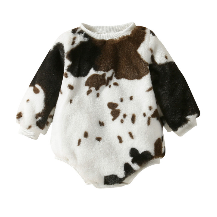 0-24M Baby Boy Girls Romper Outwear Fur Plush Long Sleeve Cow Printed