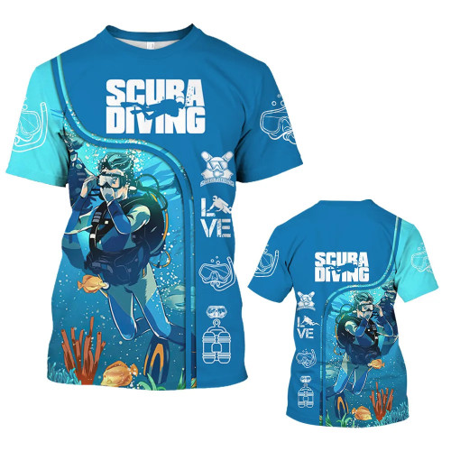 Summer Men's Fun Scuba Diving Explore The Underwater 3D Printed Men's T-shirt Crew Neck Short Sleeve Loose