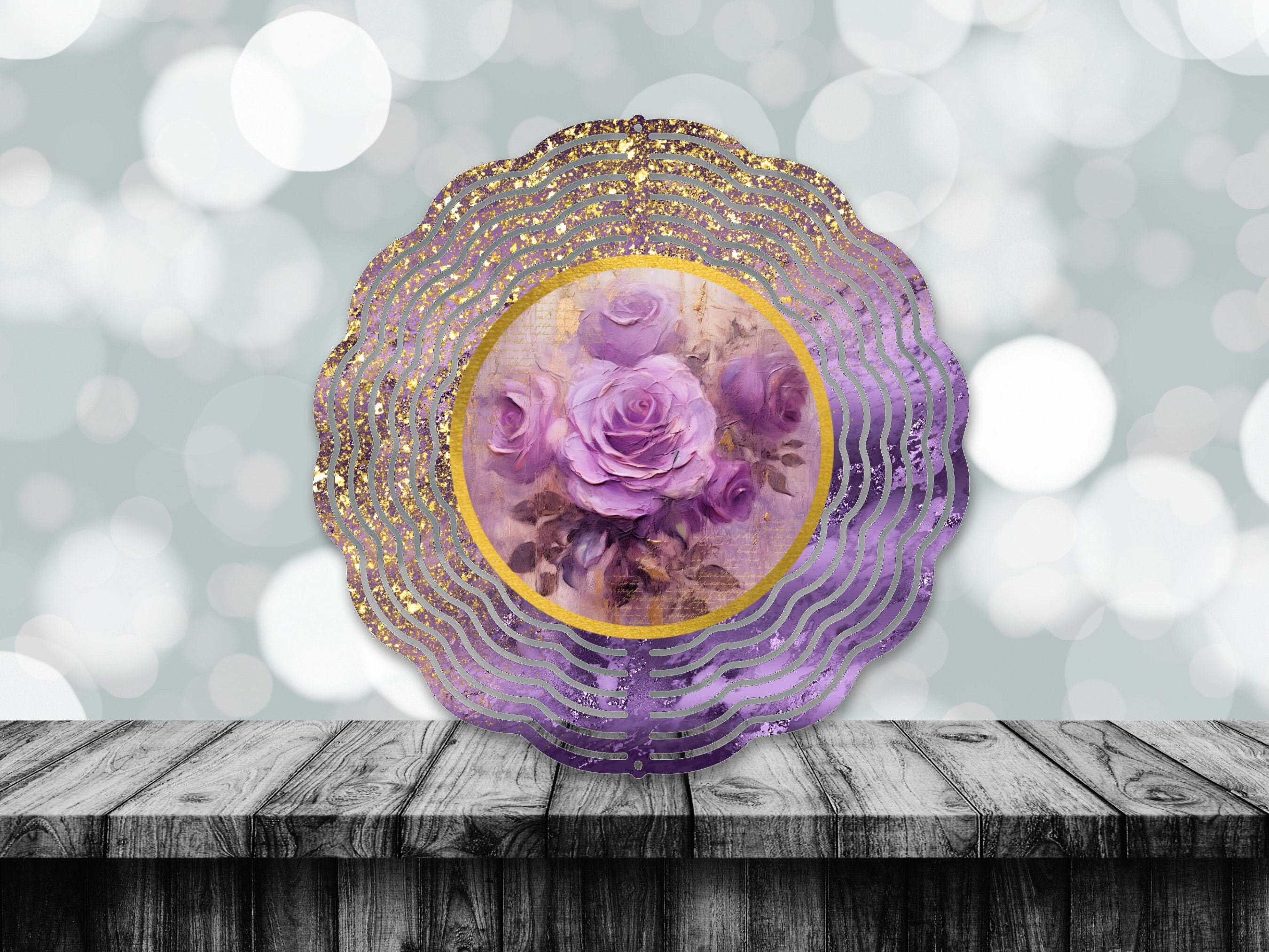 Purple Roses Flower With Gold Wind Spinner For Yard And Garden, Outdoor Garden Yard Decoration, Garden Decor, Chime Art Gift