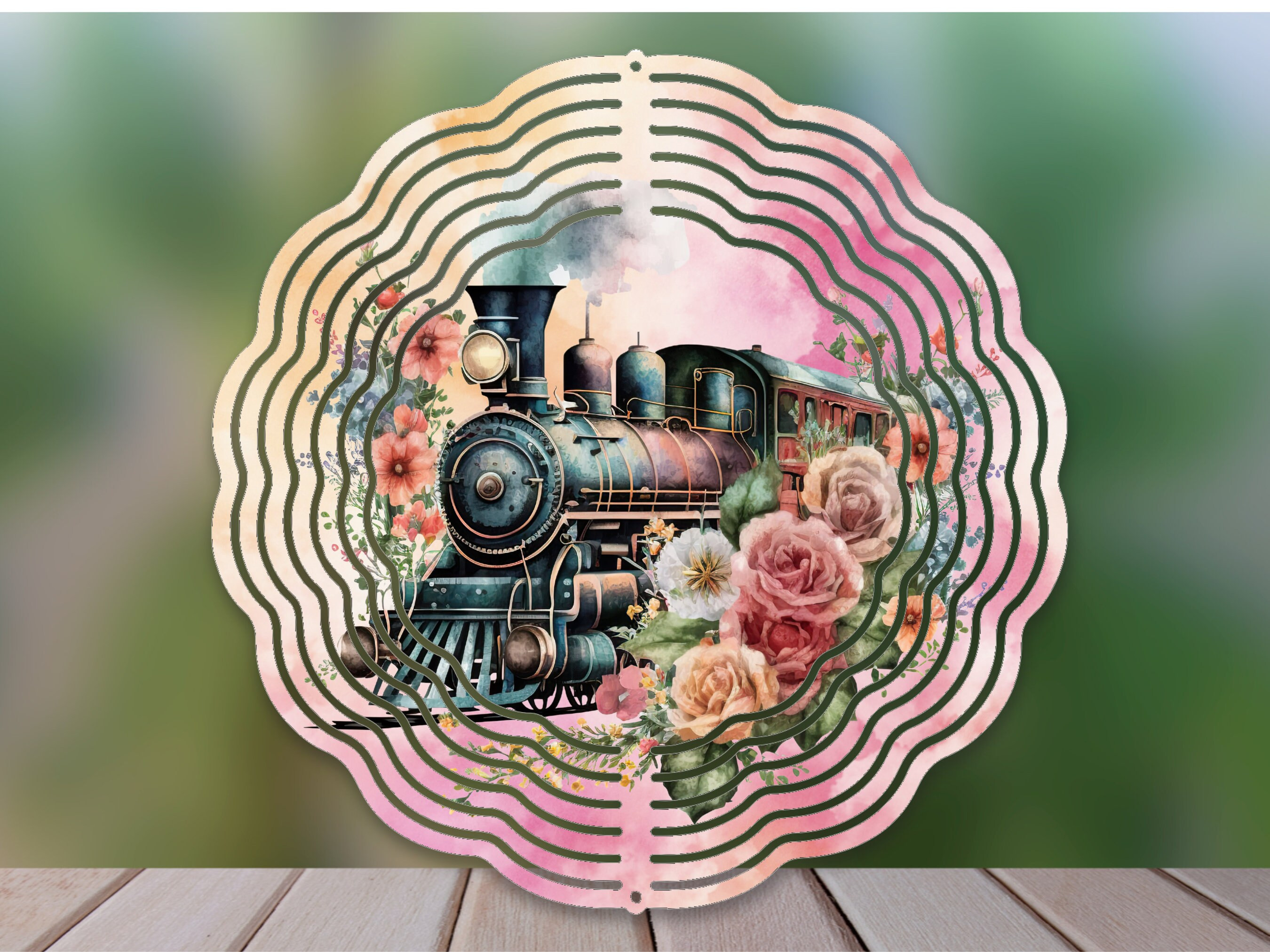 Watercolor Floral Vintage Train Wind Spinner For Yard And Garden, Outdoor Garden Yard Decoration, Garden Decor, Chime Art Gift