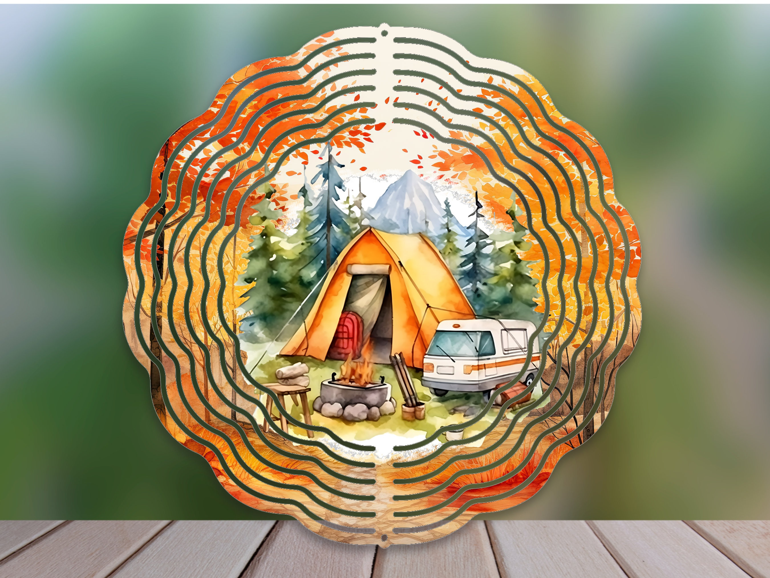 Watercolor Camping Fall Camping Wind Spinner For Yard And Garden, Outdoor Garden Yard Decoration, Garden Decor, Chime Art Gift