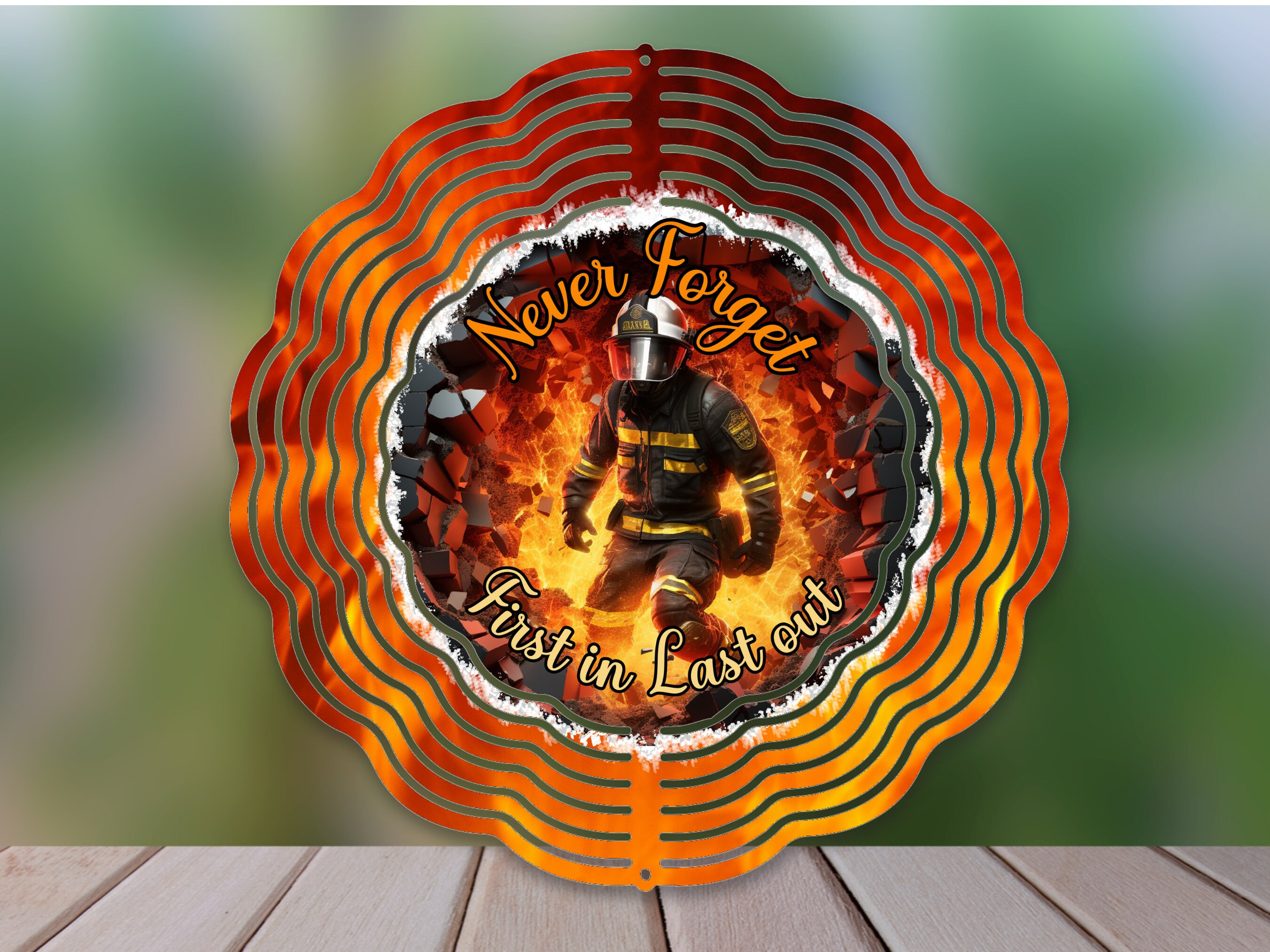 Patriot Day First In Last Out Firefighter Wind Spinner For Yard And Garden, Outdoor Garden Yard Decoration, Garden Decor, Chime Art Gift