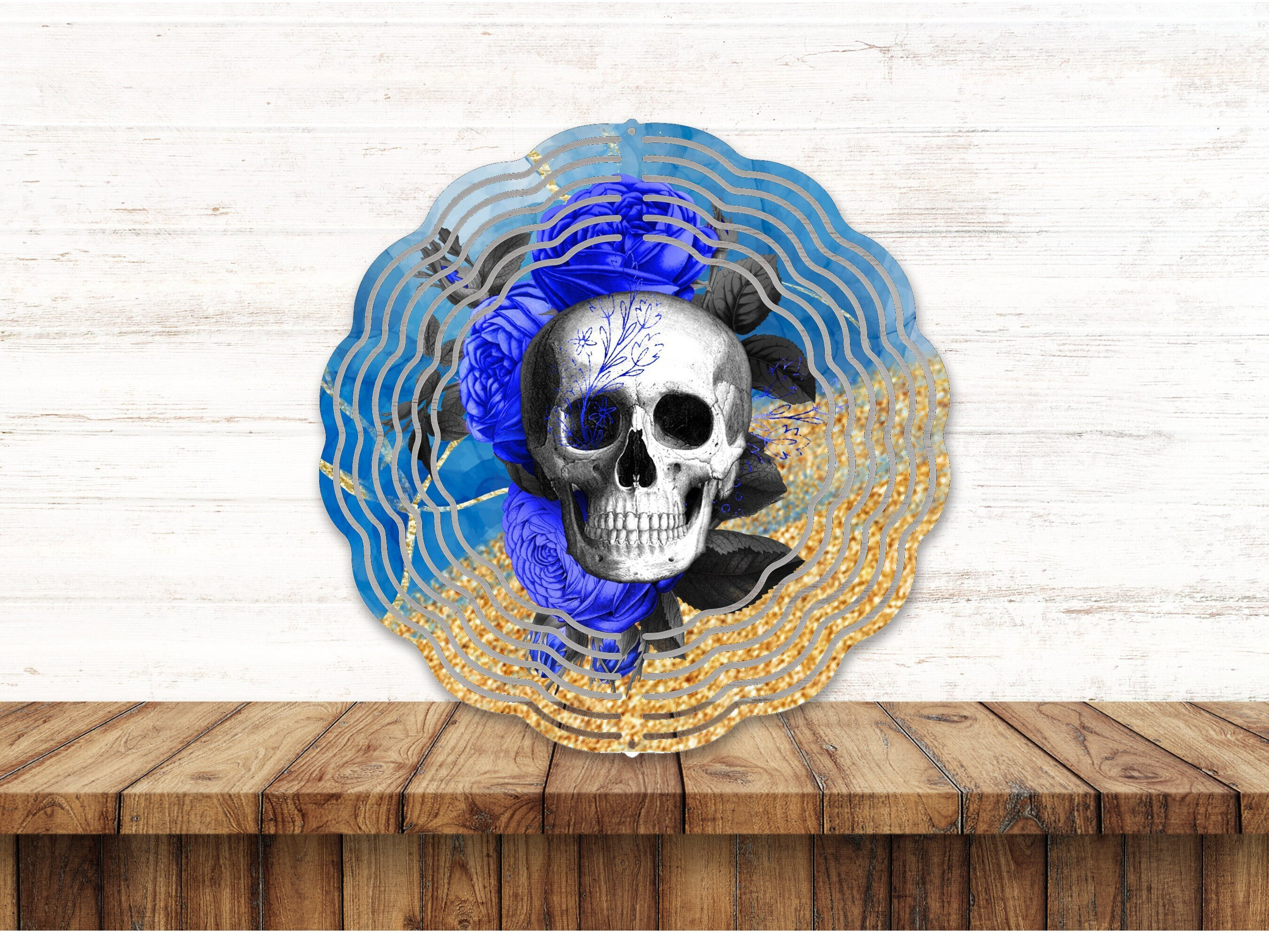 Skull With Blue Flowers Wind Spinner For Yard And Garden, Outdoor Garden Yard Decoration, Garden Decor, Chime Art Gift