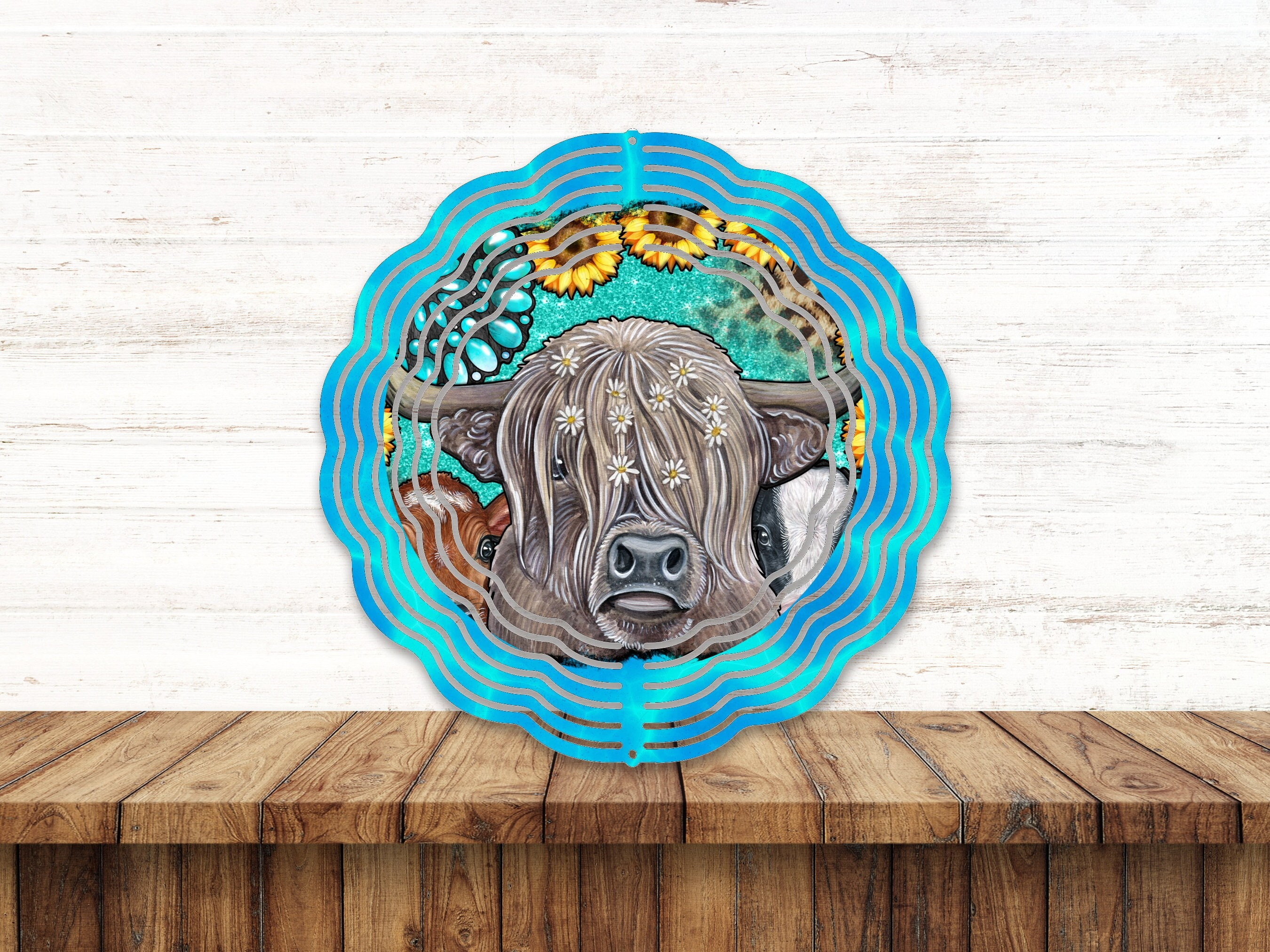 Turquoise Cow With Sunflowers Wind Spinner For Yard And Garden, Outdoor Garden Yard Decoration, Garden Decor, Chime Art Gift