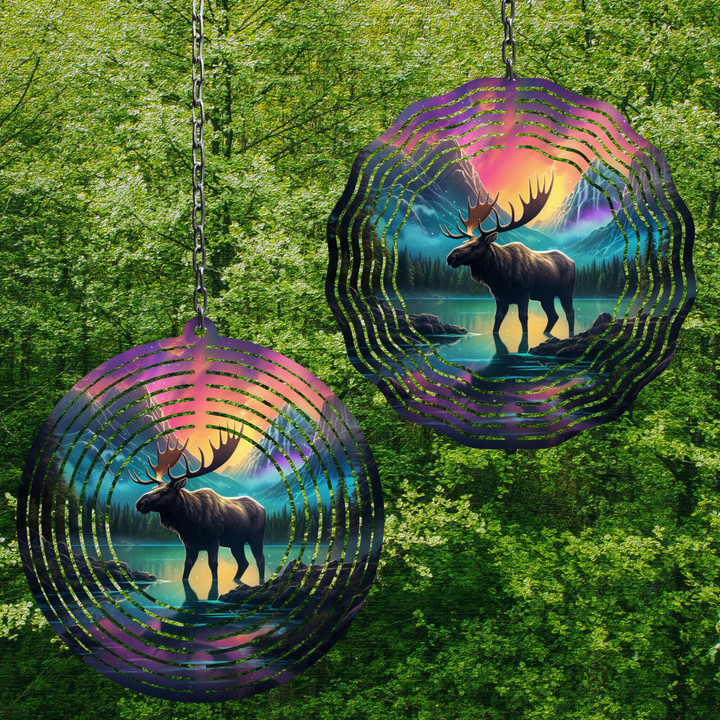Moose Northern Lights Wind Spinner For Yard And Garden, Outdoor Garden Yard Decoration, Garden Decor, Chime Art Gift