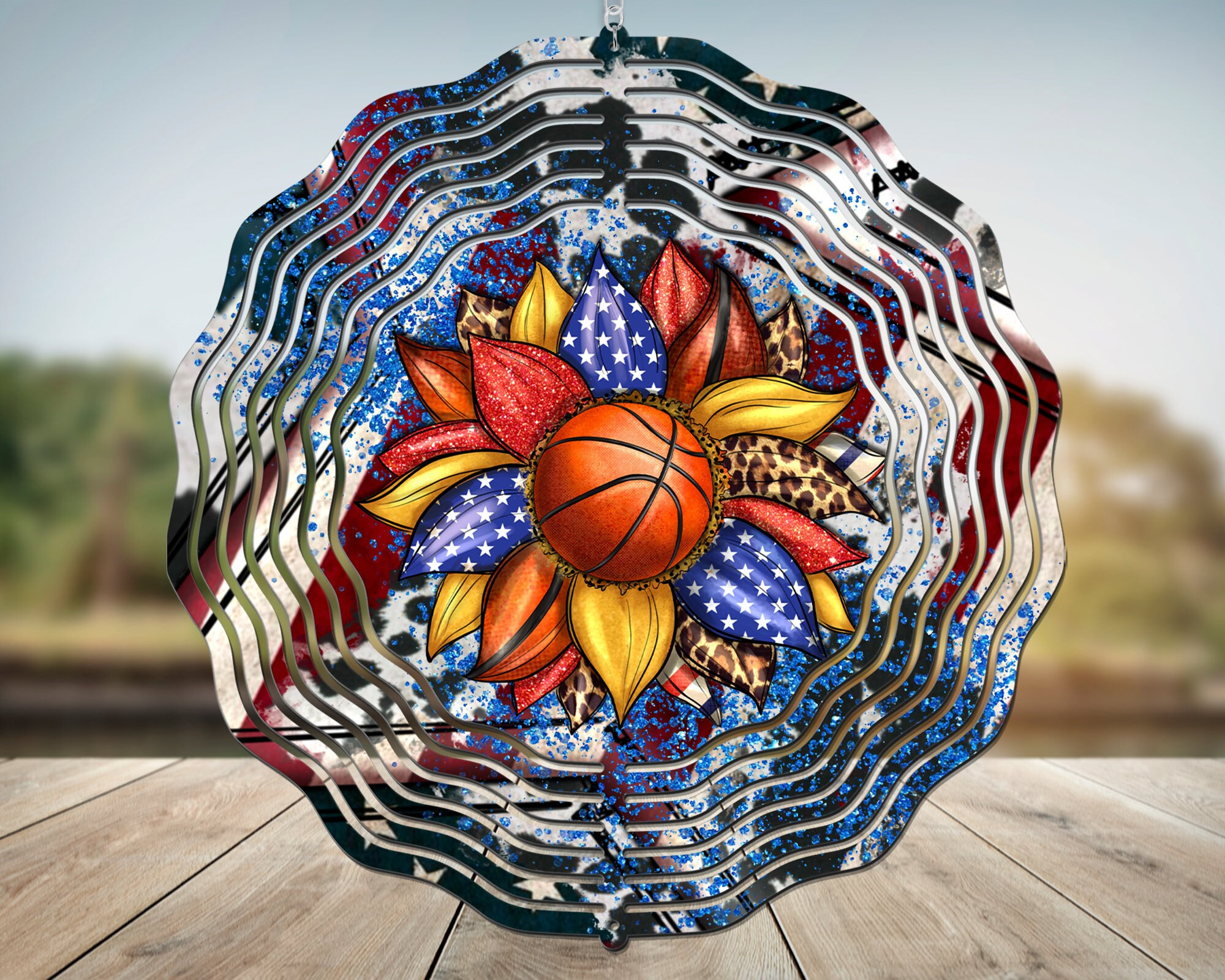 American Sunflower Basketball Wind Spinner For Yard And Garden, Outdoor Garden Yard Decoration, Garden Decor, Chime Art Gift