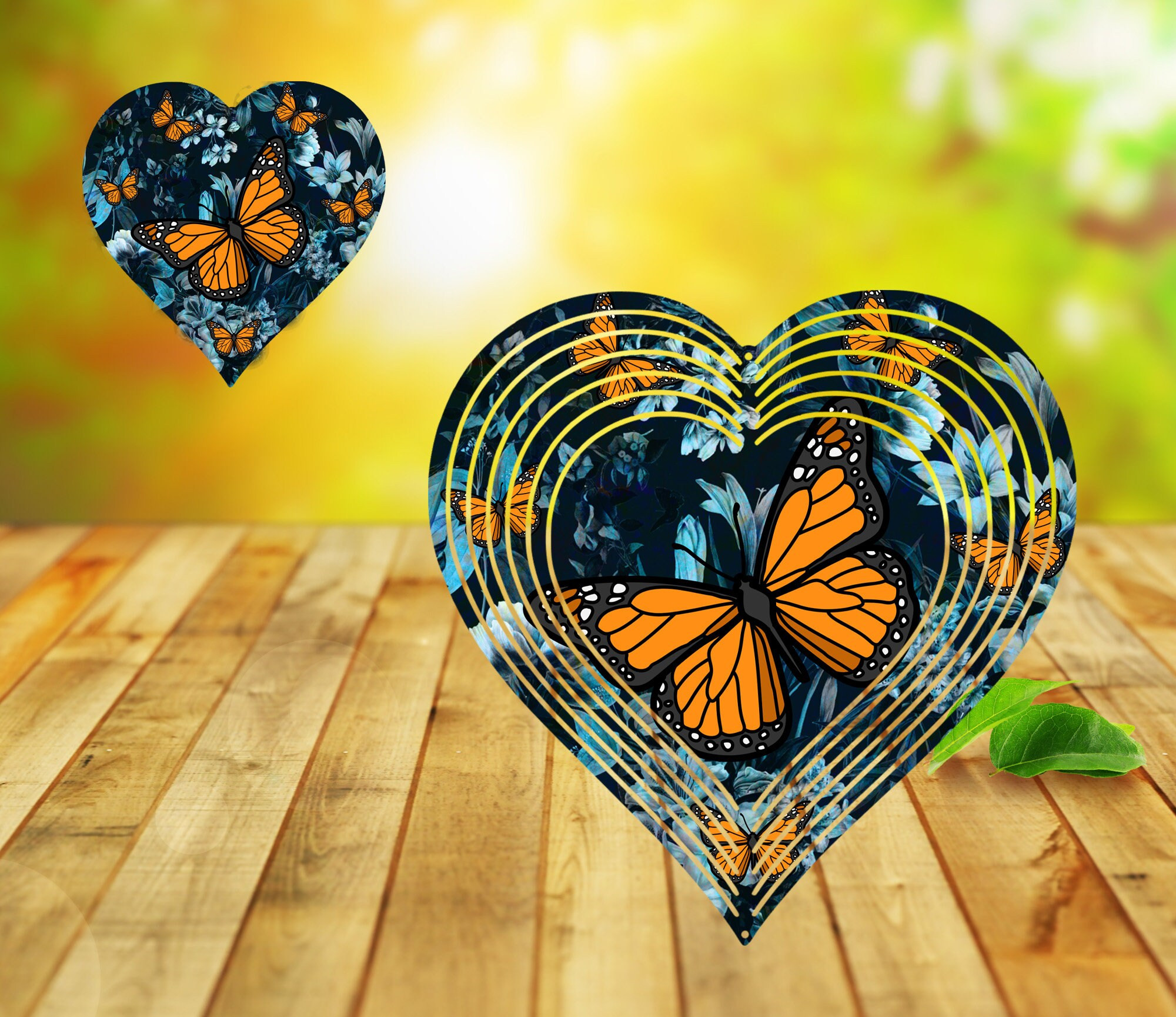 Blue Flowers And Butterflies - Heart Wind Spinner For Yard And Garden, Outdoor Garden Yard Decoration, Garden Decor, Chime Art Gift