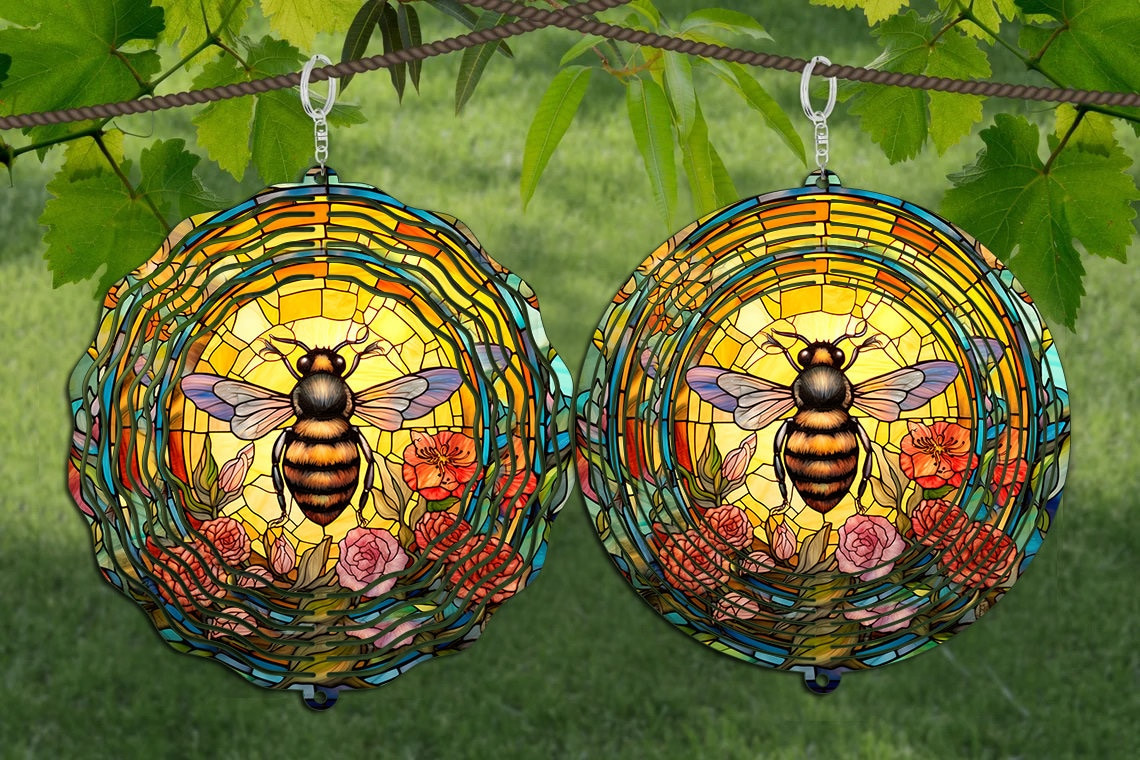 Bee Stained Glass Wind Spinner For Yard And Garden, Outdoor Garden Yard Decoration, Garden Decor, Chime Art Gift