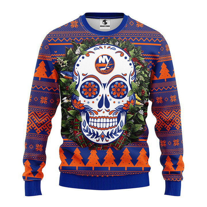 New York Islanders Skull Flower Ugly Christmas Ugly Sweater