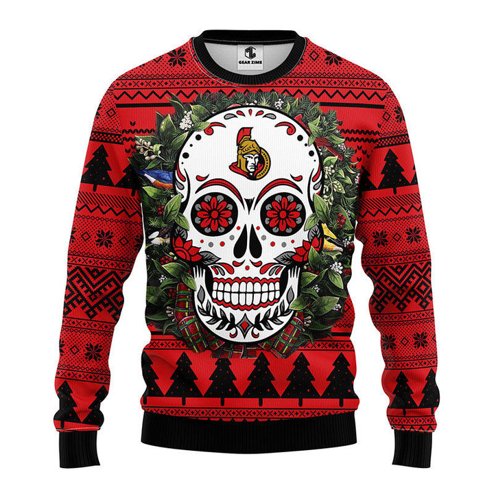 Ottawa Senators Skull Flower Ugly Christmas Ugly Sweater