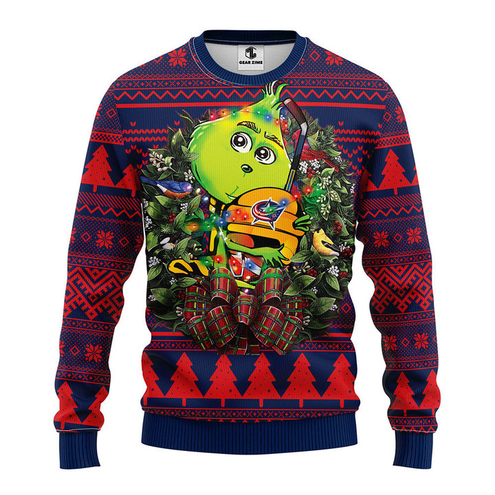 Columbus Blue Jackets Grinch Hug Christmas Ugly Sweater