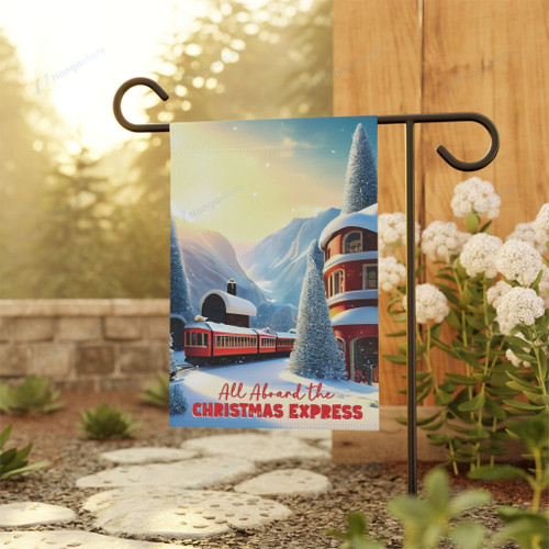 All Aboard Christmas Express Train in Snow Double-Sided Outdoor Decor Yard Art Garden Flag, Winter Holiday Decor, Train Lover Gifts