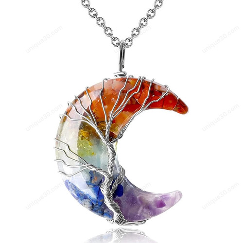 7 Chakras Tree of Life Necklace Wire Wrap Crescent Moon Crystal Pendants Chip Quartz Natural Stone Resin Healing Jewelry Gifts