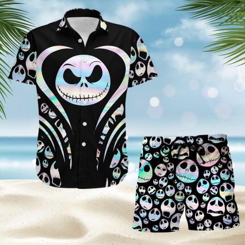 Hologram Jack Skellington Face Men Hawaiian Shirt & Beach Shorts Set