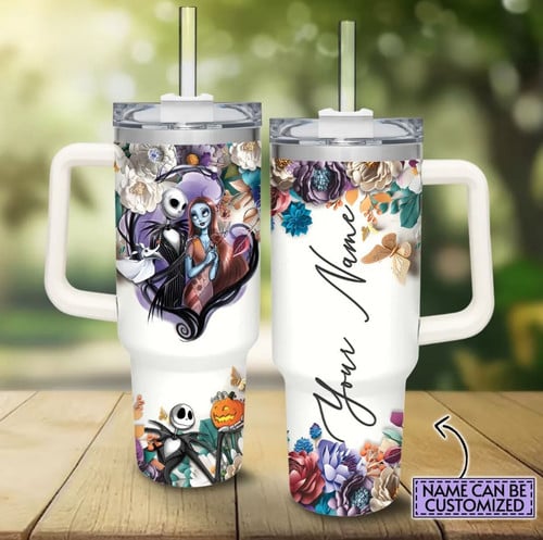 Custom Name Jack Skellington 3D Colorful Flower Sublimation Pattern 40oz Tumbler with Handle and Straw Lid GINNBC1362