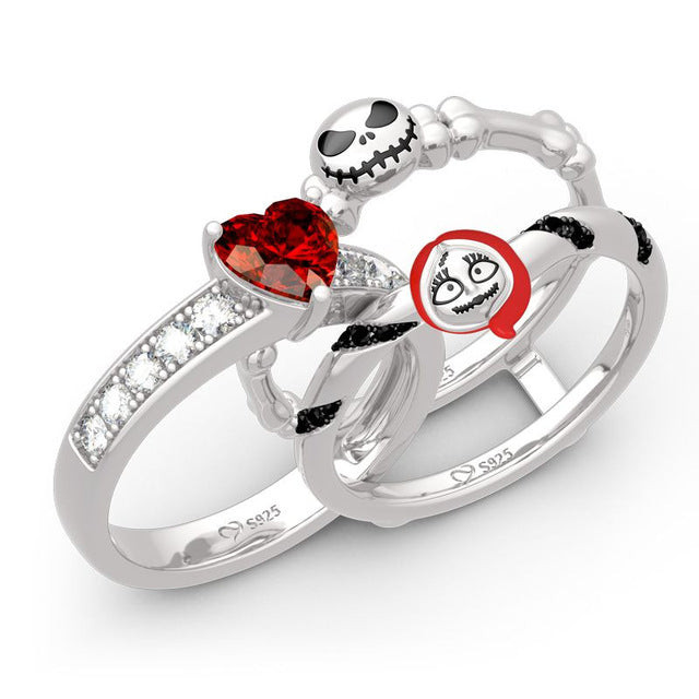 Jack Skellington & Sally Silver Color Heart CZ Crystal Wedding Rings for Women Men Gothic Skeleton Clown Pumpkin Head Ring Girl