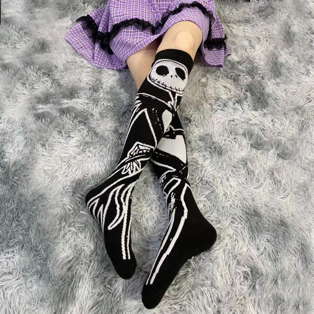 Jack Skellington Dark Skeleton Pattern Knee Socks Women Girl Gothic Punk Streetwear Mall Goth JK School Casual Retro Moon Star Long Cool
