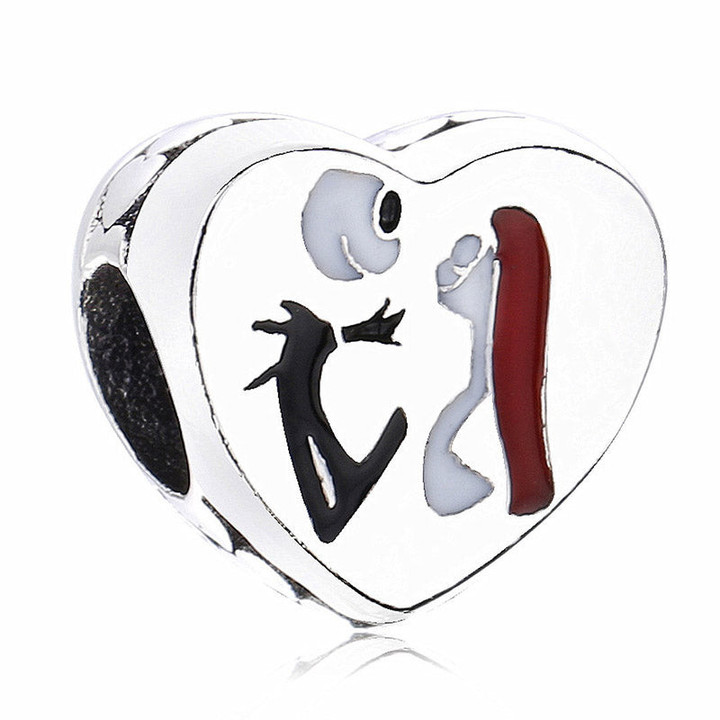 New 925 Sterling Silver Bead Charm Heart Shape Enamel Jack & Sally Meant To Be
