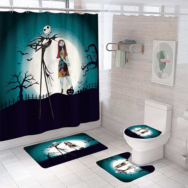Jack & Sally Waterproof Bath Curtain Set Toilet Cover Mat Non-Slip Rug Set Bath Curtain 4Pcs Bathroom Set GINNBC1082916