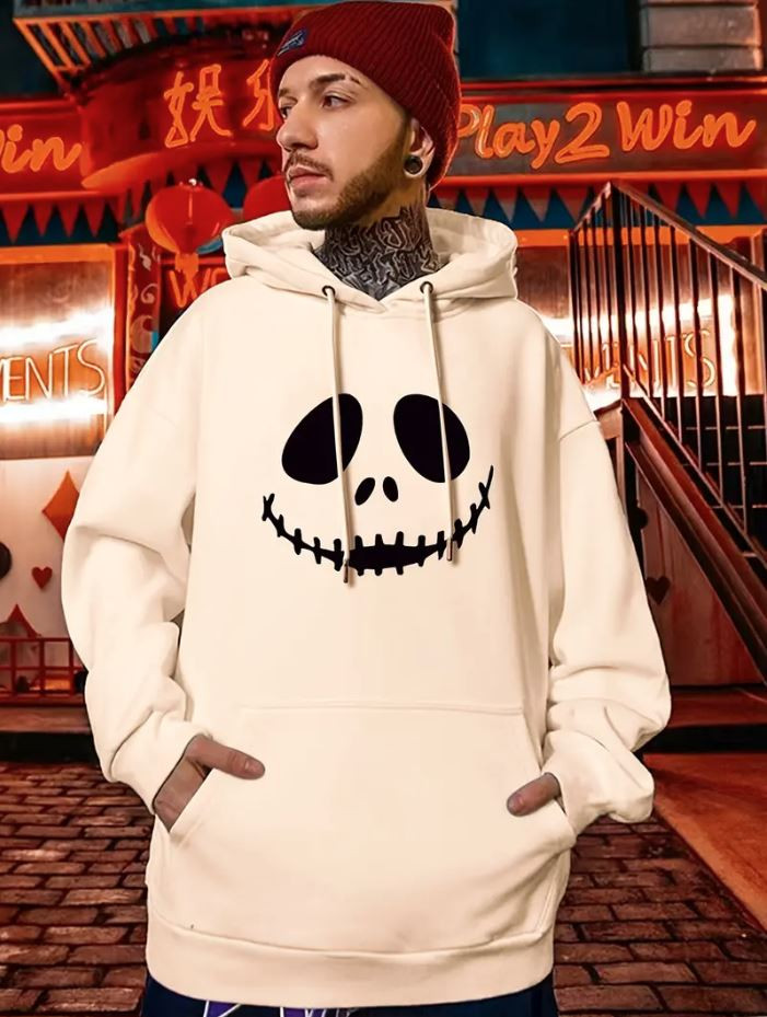 Jack Skellington Men's Plus Size Graphic Drawstring Long Sleeve Loose Hoodie, Oversized Plush Casual Clothing For Spring Autumn, For Big And Tall Guys Best Sellers Gifts