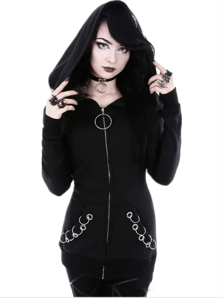 Loose Gothic Punk Long Sleeve Hooded Black Sweatshirt