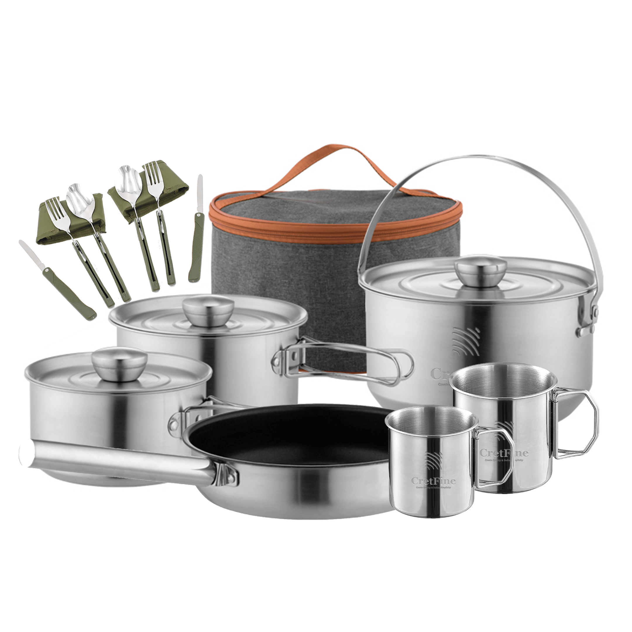 CretFine 304 Stainless Steel Camping Tea Kettle with Stackable Cups and  Portable Bag, Anti-scalding Open Campfire Coffee Tea Pot, 1.1 Qt