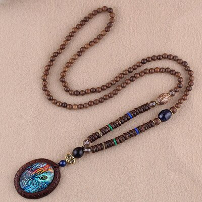 Nepal Buddhist Mala Wood Bead Necklace Ethnic Sweater Chain Statement Long Necklaces & Pendants for Women Men Gift Souvenir