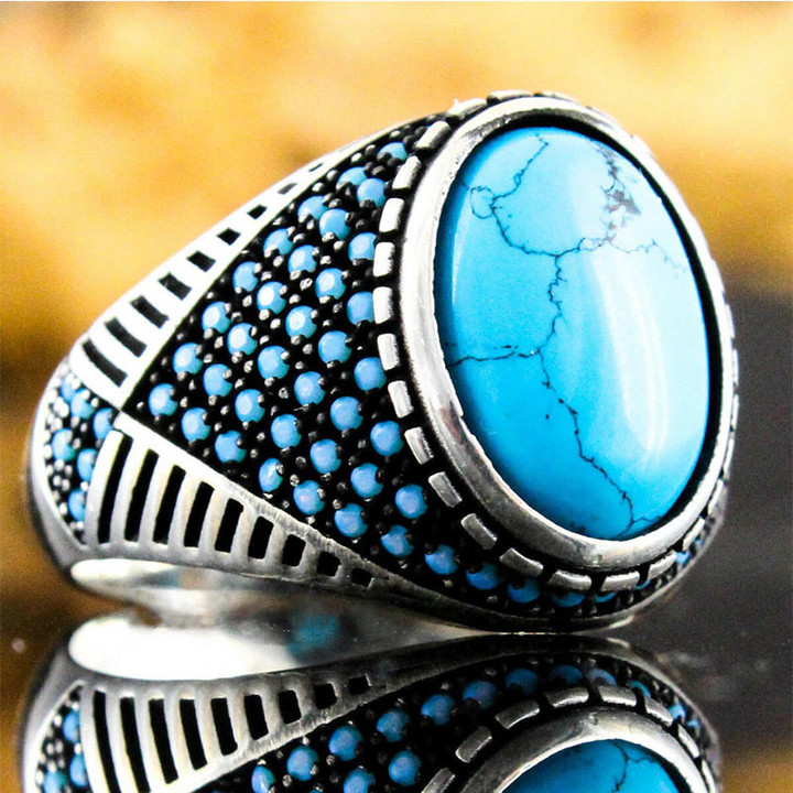 Handmade Big Oval Natural Turquoise Rings Mens and Womens Rings