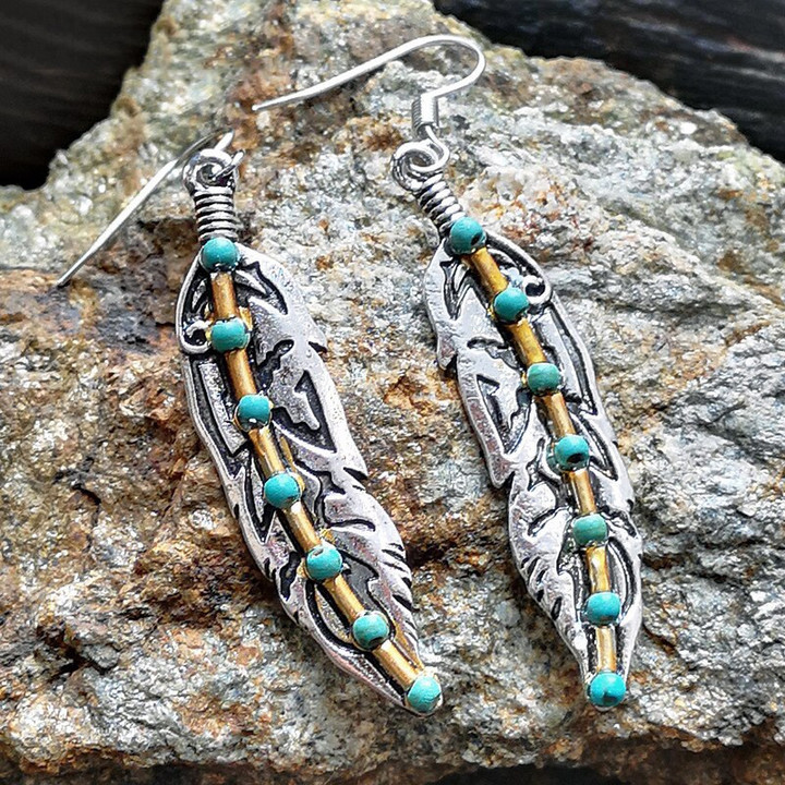 Vintage Metal Leaf Feather Long Dangle Earrings For Women Indian Tribal Antique Silver Color Hook Earrings Jewelry