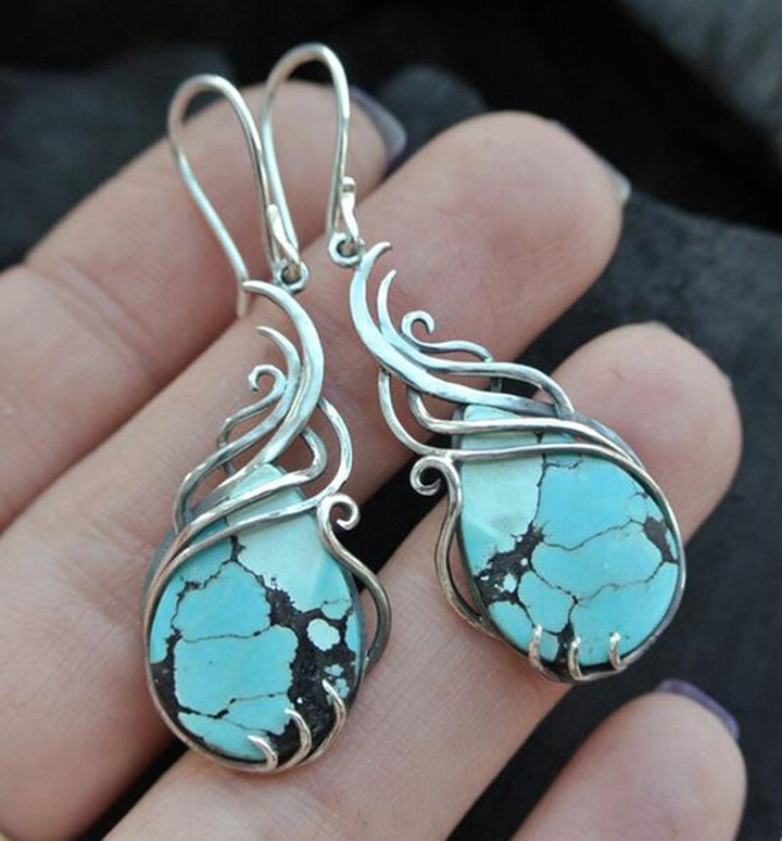 Vintage Blue Stone Boho Earrings Exquisite Silver Color Metal Geometry Hollow Earrings Jewelry