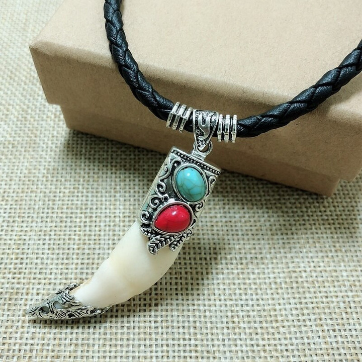 Wolf Tooth Pendant Leather Rope Braided Necklace For Men And Women