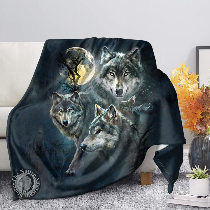 Wolf Night Print Flannel Throw Blanket King Queen Size All Super soft