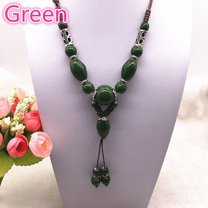 Fashion Ethnic Jewelry Traditional Handmade Ornaments Ceramics Beads Long Necklace