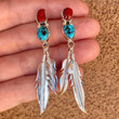 Women's Earrings Inlaid with Turquoise Hanging Long Double Feather Earrings Jewelry for Women