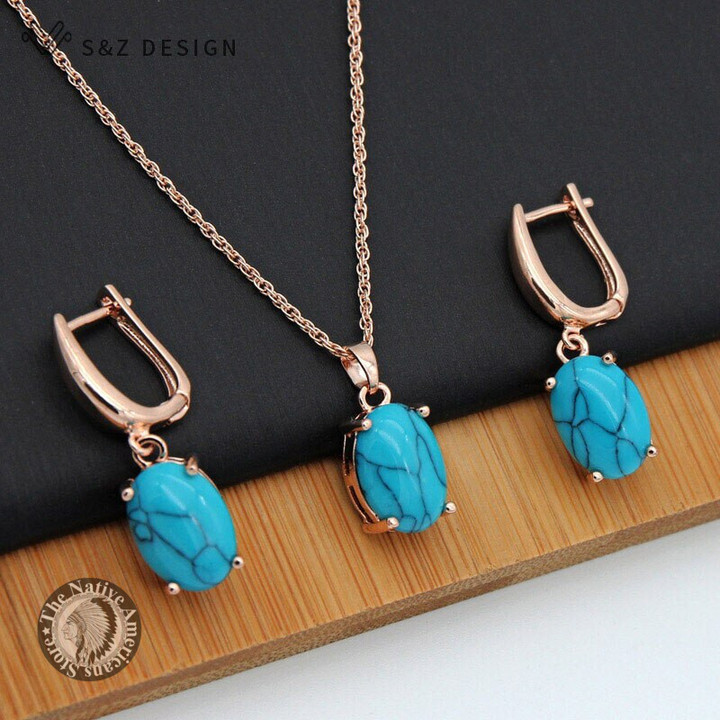 Turquoises Oval Egg Shape Earrings with Necklace Jewelry Set