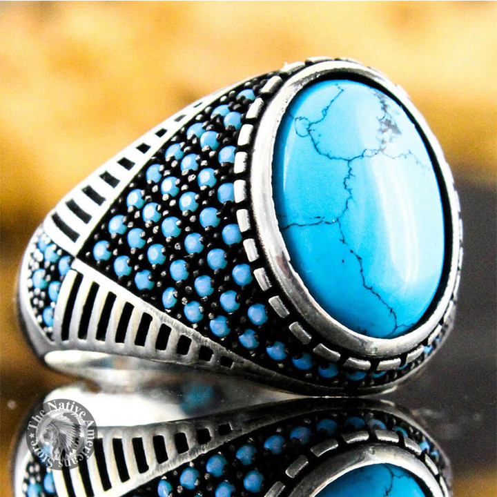 Handmade Big Oval Natural Turquoise Rings Mens and Womens Rings