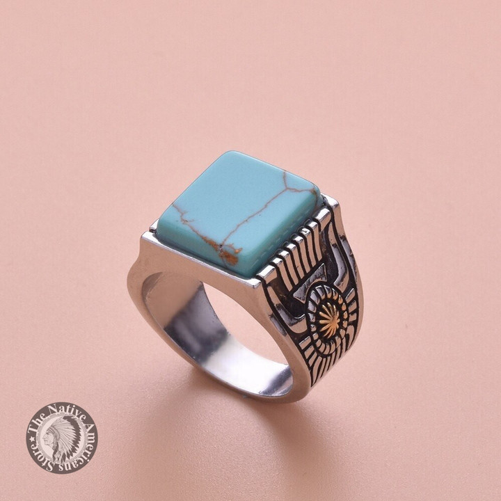 Boho Tribal Geometric Square Turquoises Stone Rings Vintage Antique Handmade Carved Flower Rings Jewelry