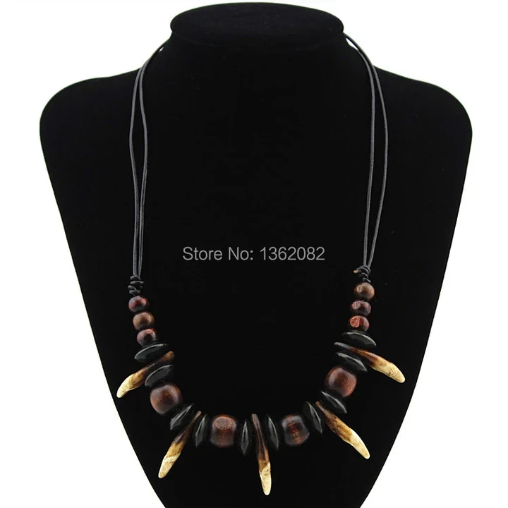 Tribal Natural Fangs Wolf Tooth Pendant Genuine Leather Chain Beaded Surfer Necklace