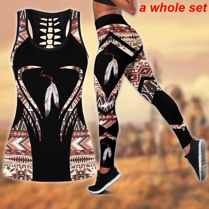 Women's Fashion Feather Native American 3D Combo Legging + Hollow Tank