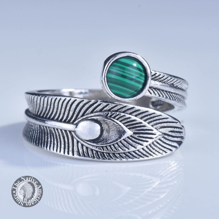 Malachite Feather Design Open Cuff Finger Rings Fashion Trendy Jewelry