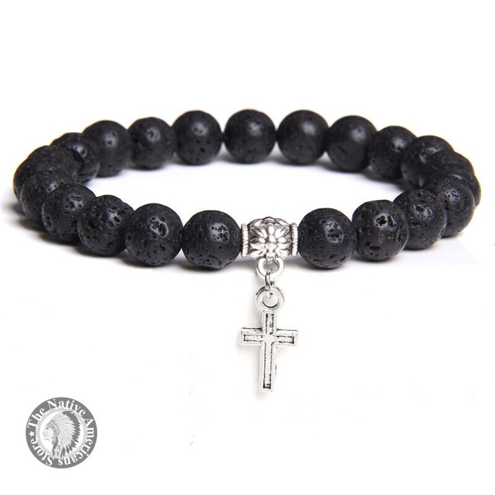 Natural Black Onyx Beads Bracelet Fashion Volcanic Lava Beaded Religion Cross Pendant