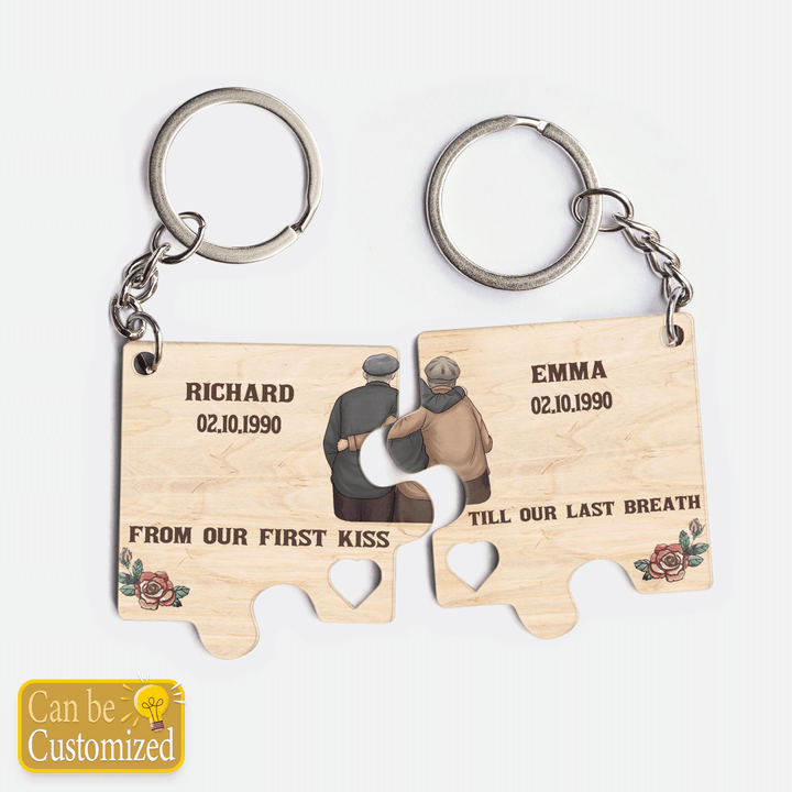 Couple Hugging From Our First Kiss Till Our Last Breath - Gift For Couples, Husband Wife, Personalized Shaped Wooden Keyring