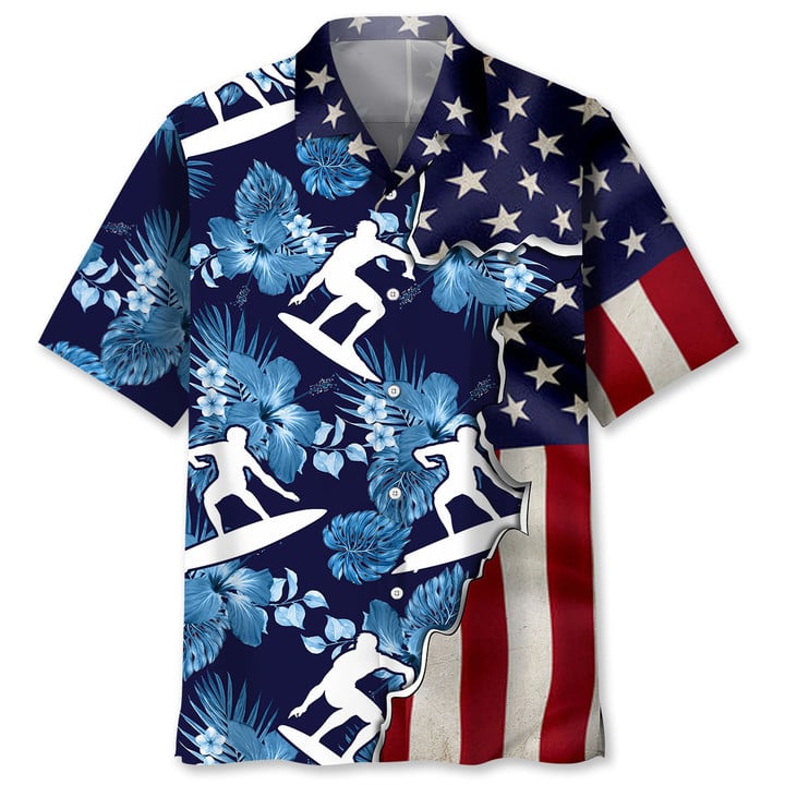 surfing tropical us Flag hawaiian shirt