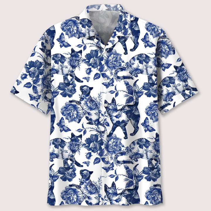 cats blue flower hawaii shirt