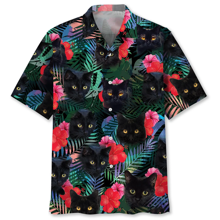 Black Cat Tropical Hawaiian Shirt K