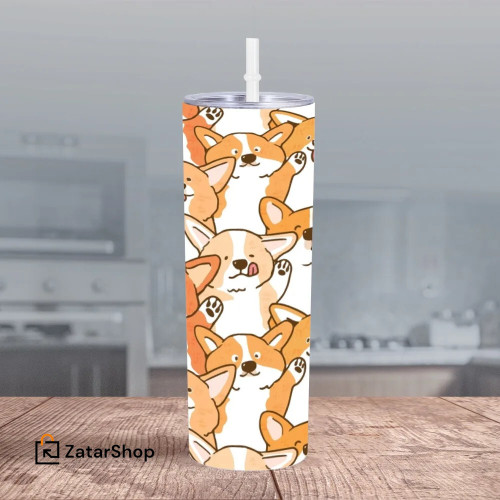 Cartoon Cute Corgi Thermos Cup 20 oz Water Bottle Vacuum Cups with Lid Straw
