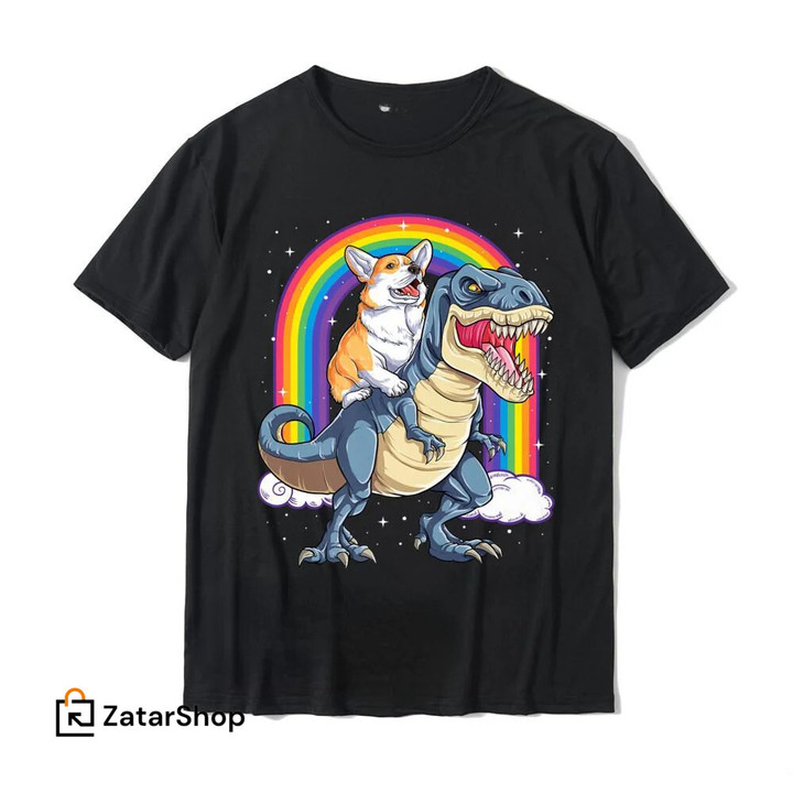 Corgi Riding Dinosaur T Rex Funny Space Galaxy Rainbow Gifts Premium T-Shirt